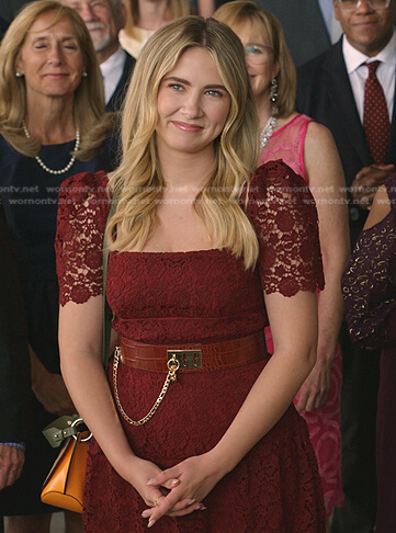 Amanda’s red square neck lace dress on Dynasty