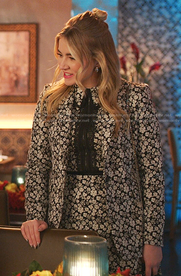 Amanda's black and white floral dress and blazer on Dynasty