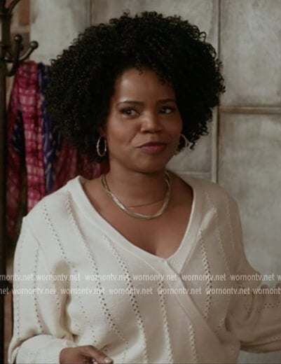 Amara's white pointelle wrap sweater on All American Homecoming