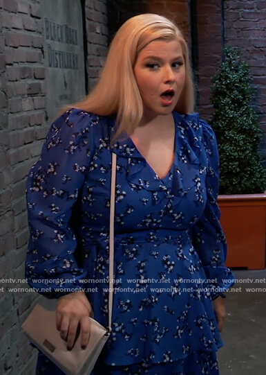 Amy Driscoll’s blue floral ruffle trim dress on General Hospital