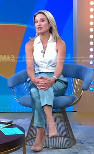 Amy's white twisted sleeveless top and blue satin pants on Good Morning America