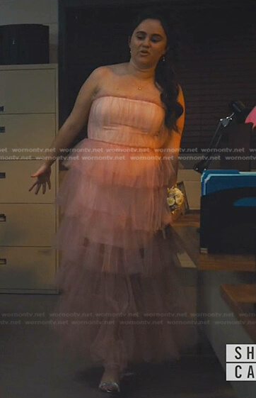Anabelle's pink strapless tiered tulle dress on Naomi