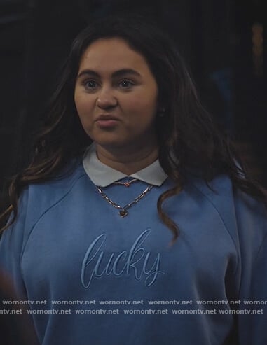 Annabelle’s blue Lucky embroidered sweatshirt on Naomi
