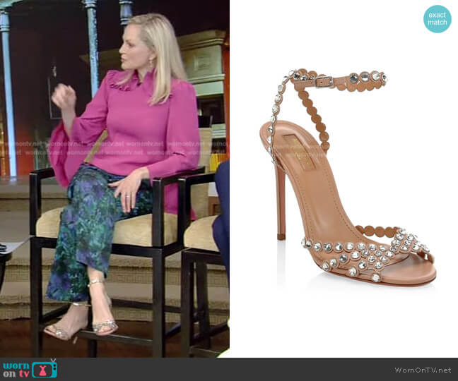 Tequila Crystal-Embellished Leather Sandals by Aquazzura worn by Ali Wentworth on Live with Kelly and Ryan