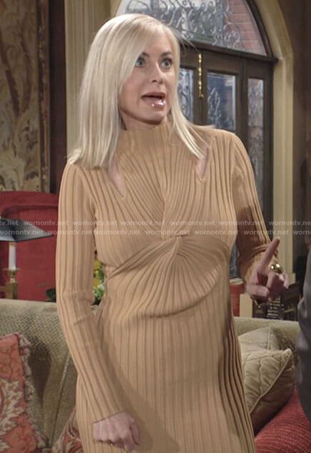 Ashley’s beige twist front sweater dress on The Young and the Restless