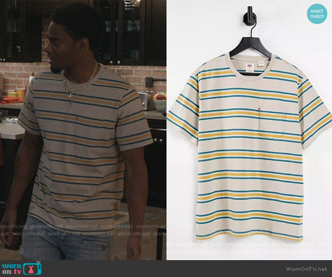 Pocket t-shirt in yellow stripe by Levis worn by JR (Sylvester Powell) on All American Homecoming