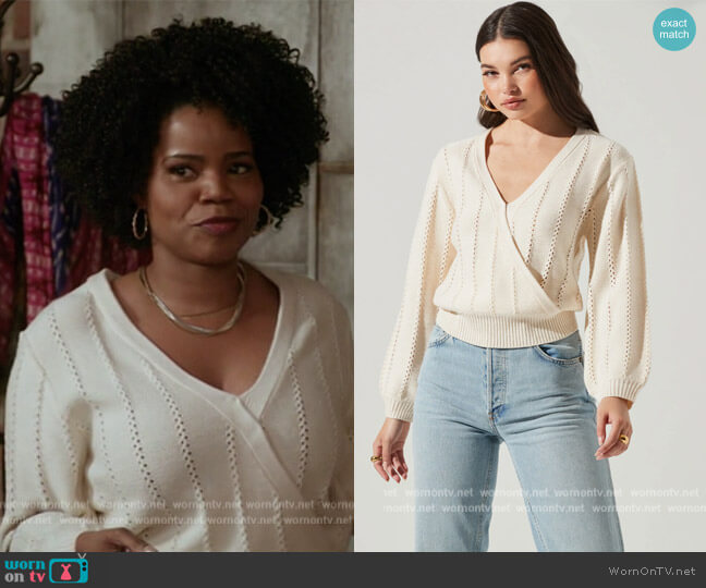 Wrap Front Pointelle Sweater by Astr the Label worn by Amara Patterson (Kelly Jenrette) on All American Homecoming