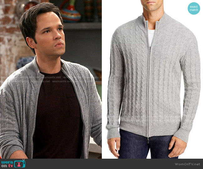 ATM Anthony Thomas Melillo Cotton Cashmere Full Zip Cable Knit Sweater worn by Freddie Benson (Nathan Kress) on iCarly