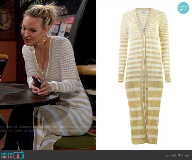 Autumn Cashmere Ombre Striped Ribbed Cardigan in Dune/Bleach White worn by Sharon Newman (Sharon Case) on The Young and the Restless