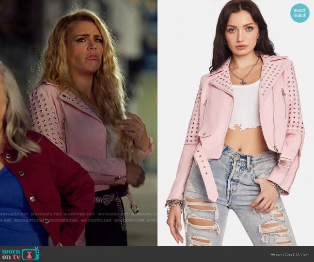 Azalea Wang Rosalita Studded Moto Jacket worn by Summer Dutkowsky (Busy Philipps) on Girls5eva