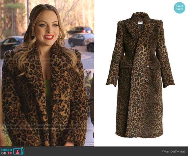 Hourglass Leopard Print Double Breasted Faux Fur Coat by Balenciaga worn by Fallon Carrington (Elizabeth Gillies) on Dynasty