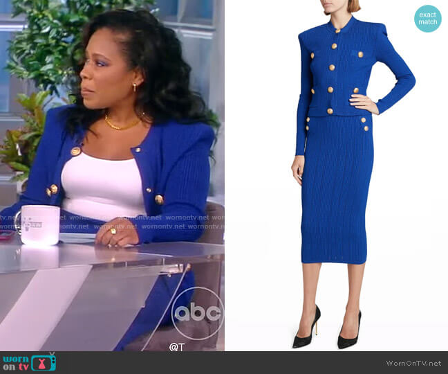 Buttoned Knit Strong-Shoulder Cardigan and Skirt by Balmain worn by Lindsey Granger on The View