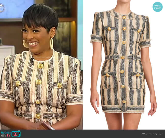 Striped Button-Embellished Mini-Dress by Balmain worn by Tamron Hall on Tamron Hall Show