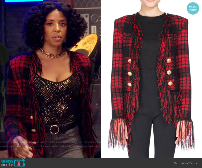 Balmain Tartan Tweed Jacket with Fringe worn by Wickie Roy (Renée Elise Goldsberry) on Girls5eva