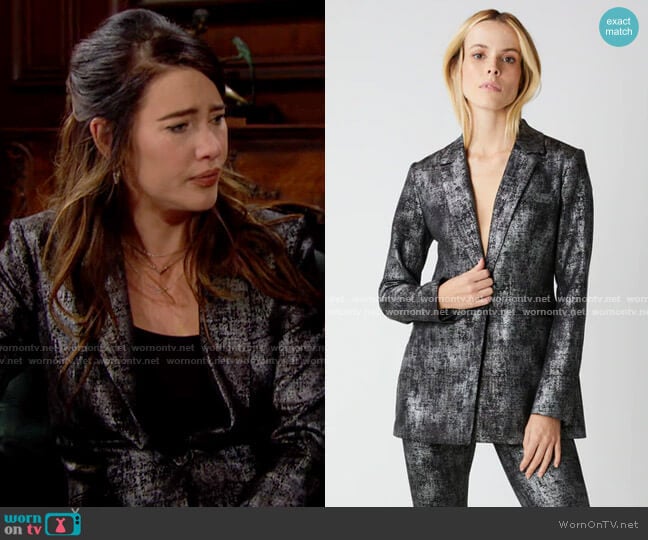 Bcbgmaxazria Keily Metallic Foil Structured Blazer worn by Steffy Forrester (Jacqueline MacInnes Wood) on The Bold and the Beautiful