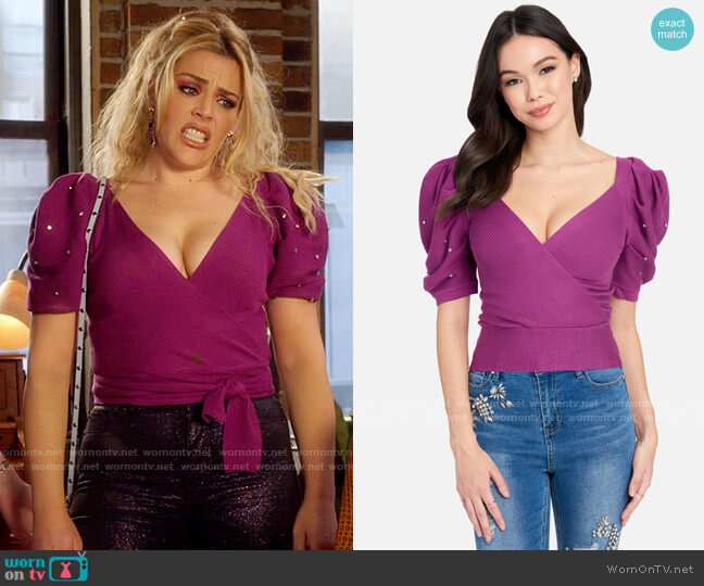 Bebe Puff Sleeve Pearl Detail Wrap Sweater worn by Summer Dutkowsky (Busy Philipps) on Girls5eva