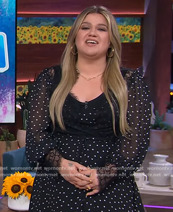 Kelly's black polka dot lace trim dress on The Kelly Clarkson Show