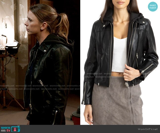 Blank NYC Faux Leather Bomber Jacket with Removable Hood worn by Milena Jovanovic (Riley Voelkel) on Chicago Med