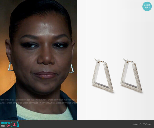 Bottega Veneta Sterling silver crystal triangle hoop earrings worn by Robyn McCall (Queen Latifah) on The Equalizer