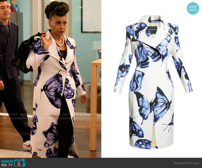 Brandon Maxwell Butterfly-Print Strong-Shoulder Coat worn by Patricia (Jenifer Lewis) on I Love That For You