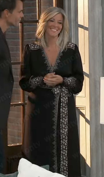 Carly’s black embroidered trim maxi dress on General Hospital