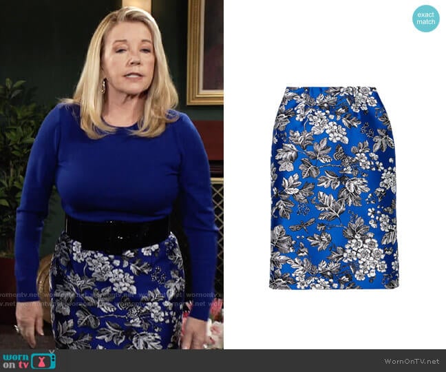 Carolina Herrera Satin Jacquard Floral Pencil Skirt worn by Nikki Reed Newman (Melody Thomas-Scott) on The Young and the Restless