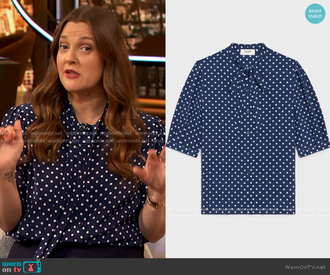 Blouse with dots by Celine worn by Drew Barrymore  on The Drew Barrymore Show