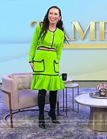 Christine Chiu’s green cropped jacket and skirt on Tamron Hall Show