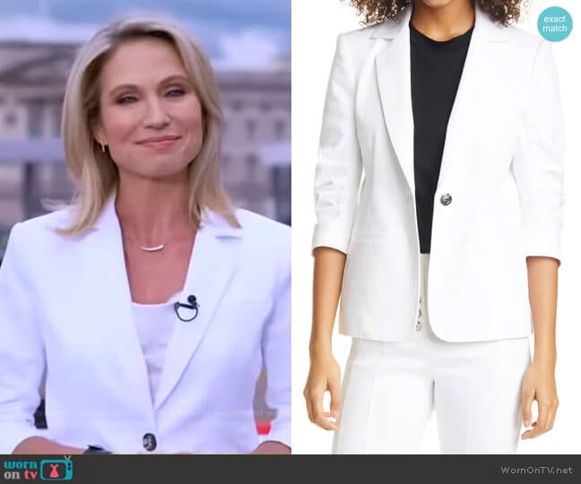 Khloe Ruched Sleeve White Denim Blazer by Cinq a Sept worn by Amy Robach on Good Morning America