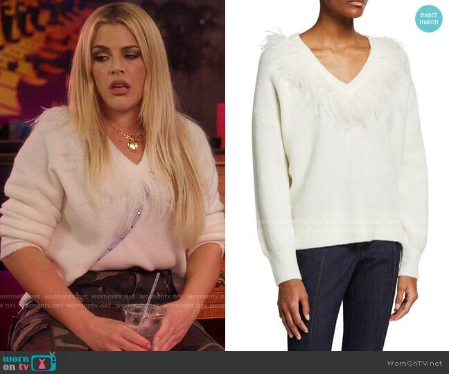 Cinq a Sept Lizzie Feathered Trim Sweater worn by Summer Dutkowsky (Busy Philipps) on Girls5eva