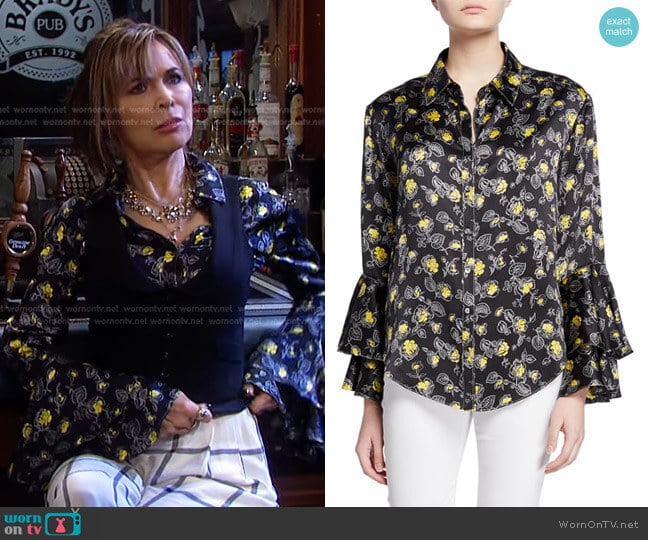 Kirby Floral-Print Ruffle-Sleeve Button-Down Top by Cinq a Sept worn by Kate Roberts (Lauren Koslow) on Days of our Lives