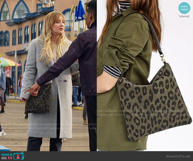 Clare V Folover Clutch Army Pablo Cat Suede worn by Cassie Bowden (Kaley Cuoco) on The Flight Attendant