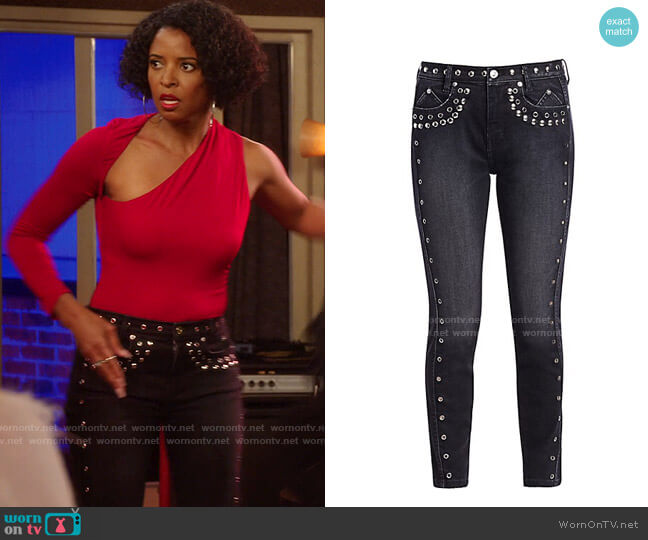 Current/Elliott The 7-Pocket High-Rise Stilleto Studded Ankle Jeans worn by Wickie Roy (Renée Elise Goldsberry) on Girls5eva