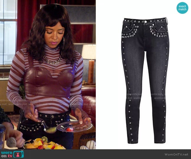 Current/Elliott The 7-Pocket High-Rise Stilleto Studded Ankle Jeans worn by Wickie Roy (Renée Elise Goldsberry) on Girls5eva