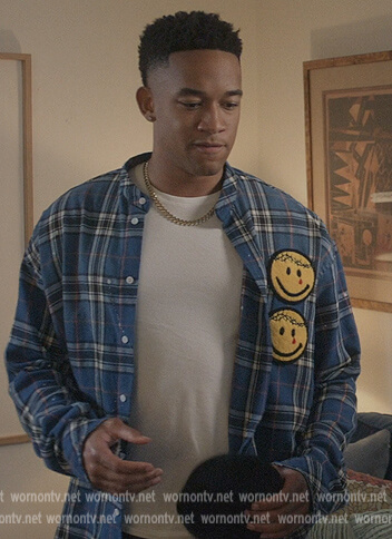 Damon's blue plaid smiley face shirt on All American Homecoming