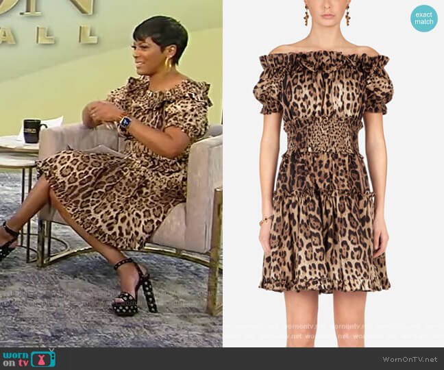 Off-the-shoulder ruffled leopard-print cotton-poplin mini dress by Dolce and Gabbana worn by Tamron Hall  on Tamron Hall Show