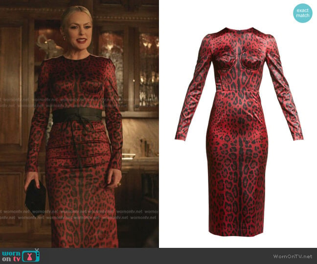 Tubino Leopard-Print Satin Midi Dress by Dolce & Gabbana worn by Alexis Carrington (Elaine Hendrix) on Dynasty