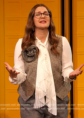 Drew's white ruffle front blouse on The Drew Barrymore Show