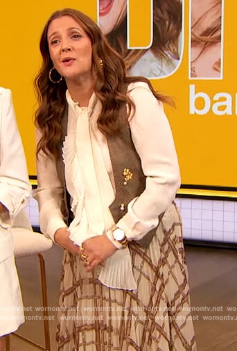 Drew’s white blouse and plaid skirt on The Drew Barrymore Show