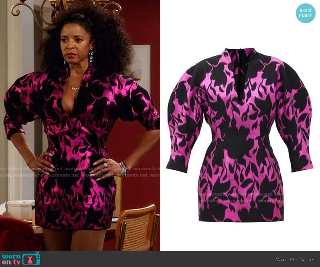 Elzinga Metallic floral-jacquard balloon-sleeve mini dress worn by Wickie Roy (Renée Elise Goldsberry) on Girls5eva