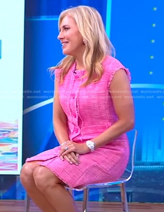 Emily Giffin’s pink tweed mini dress on Good Morning America