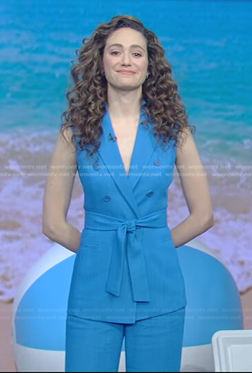 Emmy Rossum’s blue sleeveless blazer and pants on Live with Kelly and Ryan