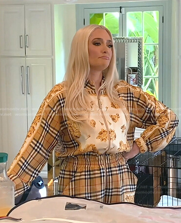Erika’s beige floral and plaid jumpsuit on The Real Housewives of Beverly Hills