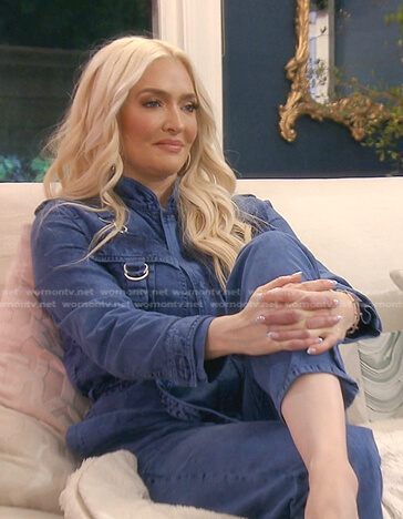 Erika's blue denim utility jumpsuit on The Real Housewives of Beverly Hills