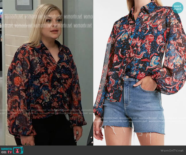 Sheer Floral Balloon Sleeve Pintuck Shirt by Express worn by Maxie Jones (Kirsten Storms) on General Hospital