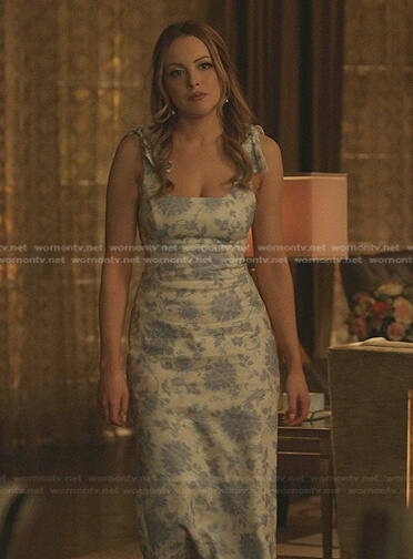 Fallon's white floral tie shoulder dress on Dynasty