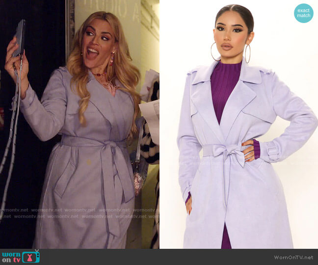 Fashion Nova Building Businesses Faux Suede Trench Coat in Lavender worn by Summer Dutkowsky (Busy Philipps) on Girls5eva