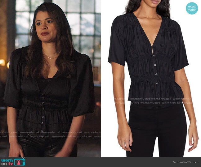 Frame Gathered V-Neck Silk Blouse worn by Mel Vera (Melonie Diaz) on Charmed