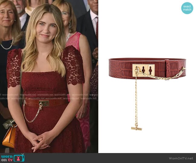 Le Chain Lock Waist Belt by Frame worn by Amanda Carrington (Eliza Bennett) on Dynasty