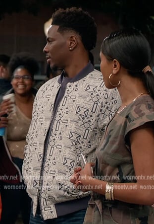 Cam's geometric print bomber jacket on All American Homecoming